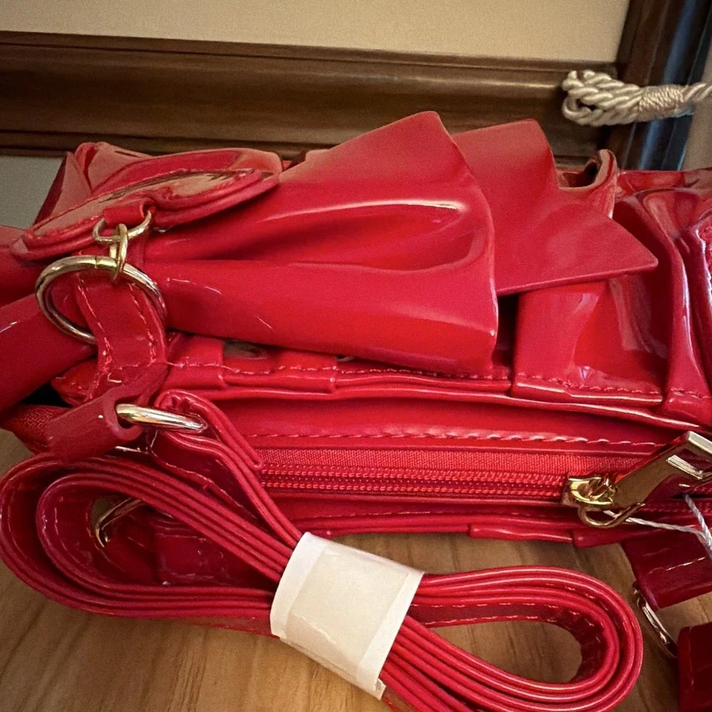 Red Patent Satchel Top Handle Crossbody Bag Bow Heart Charm Cat Tag